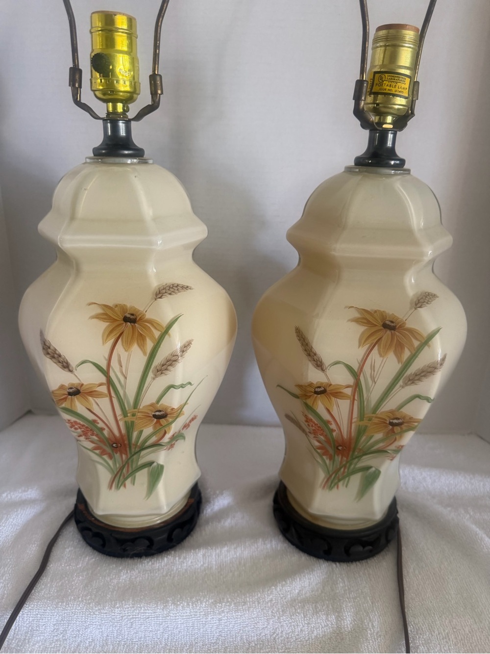 Vintage glass Cream Floral Table Lamp Pair -